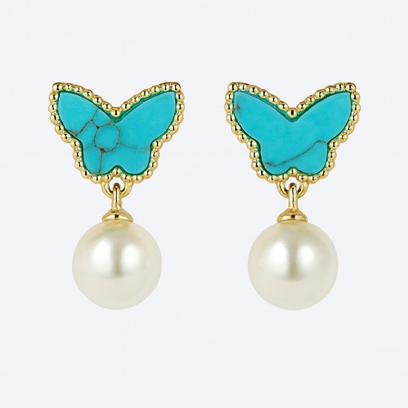 Anthropologie Jewelry - Gold and Turquoise Butterfly Pearl Earrings